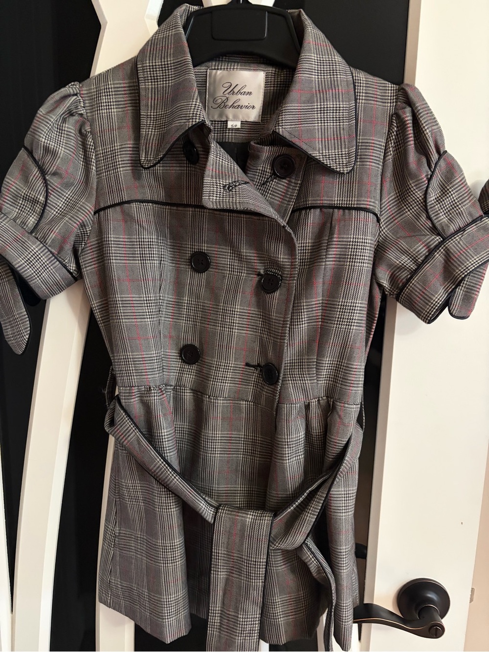 Urban Behavior Gray Plaid Trench with Pink Windowpane Accents